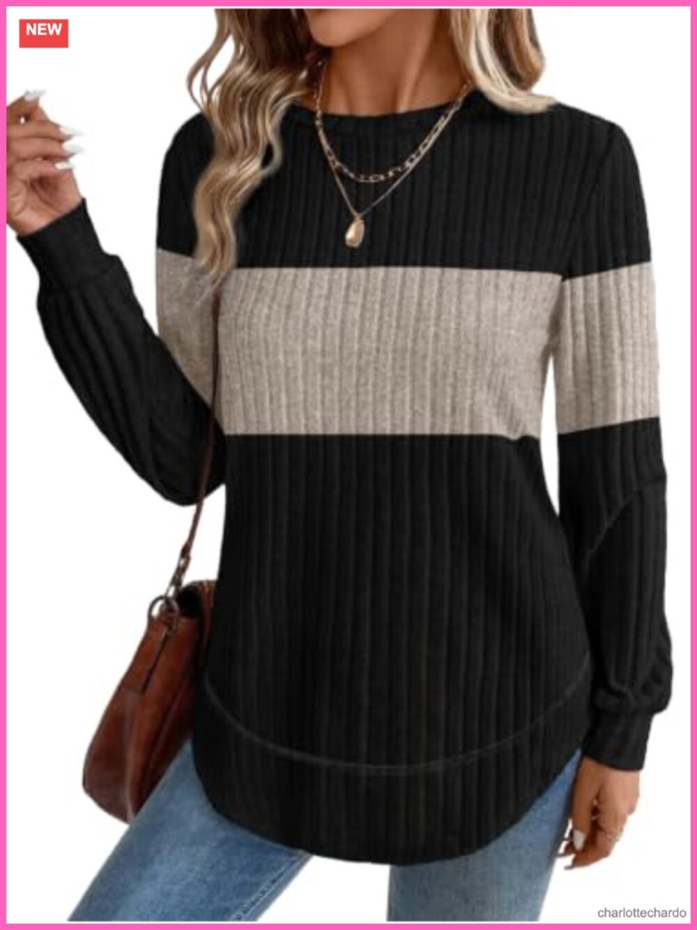 Women's Lightweight Crew Neck Long Sleeve Tunic Sweater Loose Fit Curved Hem